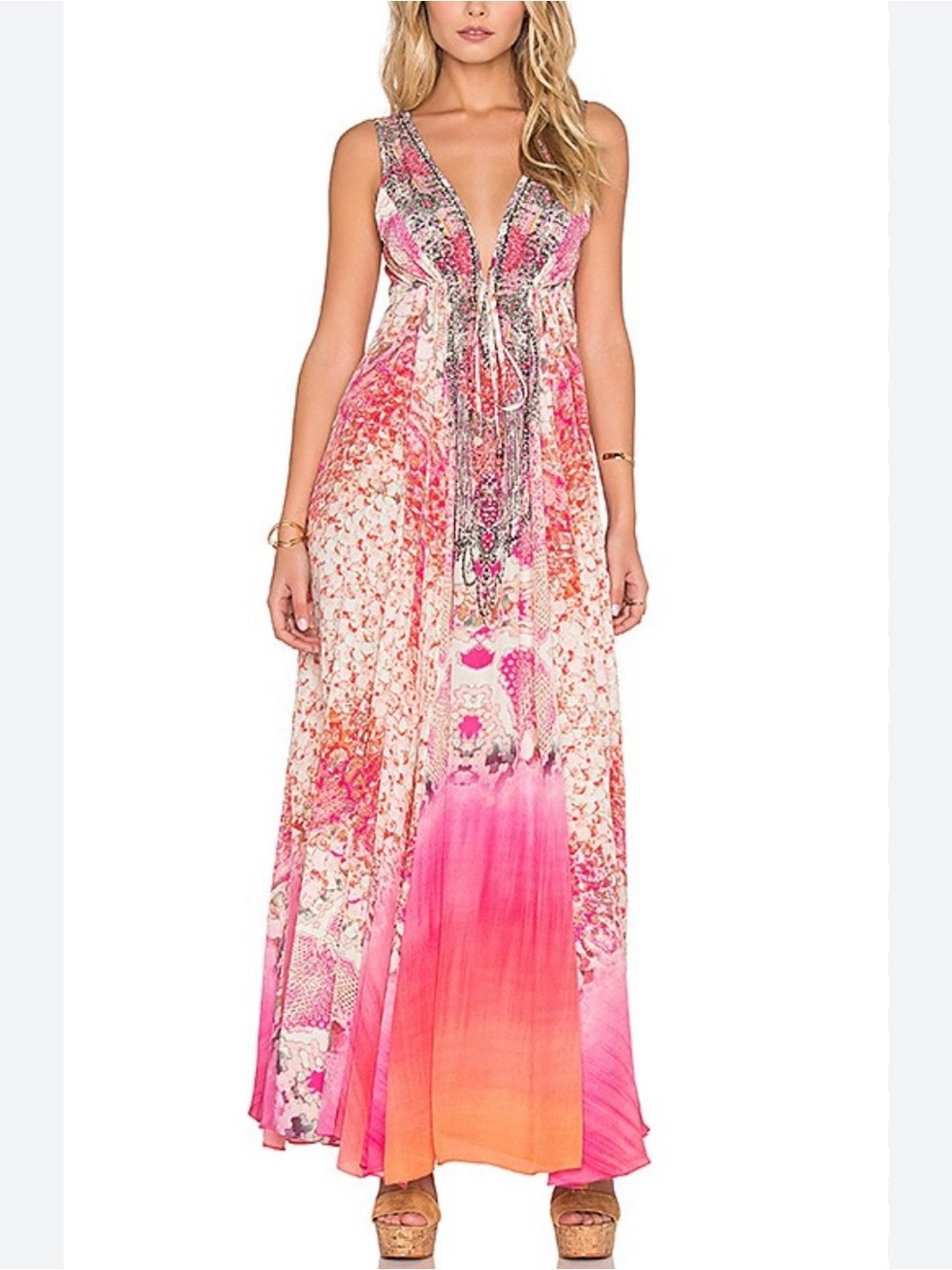 Fabulous 100% Silk Camilla Pink Floral & Coral V-Neck Sleeveless Maxi Dress